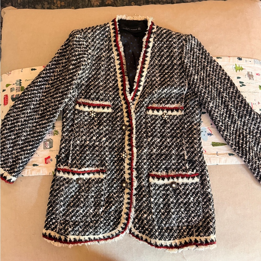 Zara Women's Tweed Blazer - Black, White, Red